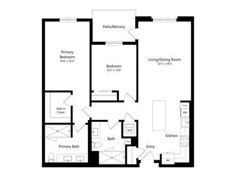 Floor plan for 2 beds, 2 baths, 1148 sqft